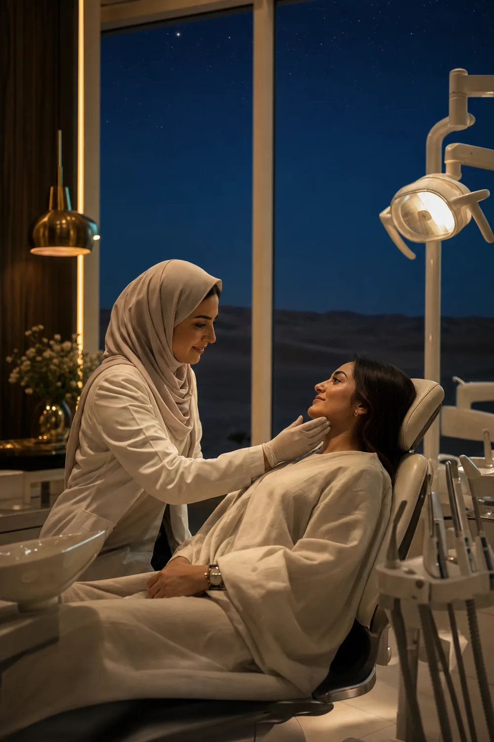 طبيبة أسنان محجّبة تطمئن مريضتها في عيادة دافئة الإضاءة، وخلفهما ليل الصحراء المرصّع بالنجوم