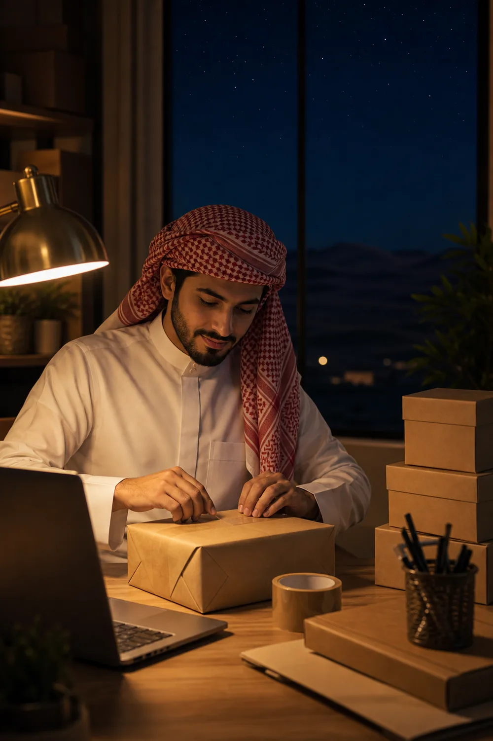 صاحب متجر خليجي يغلّف طردًا على ضوء المصباح وأمامه حاسوبه، وليل الصحراء المرصّع بالنجوم خلف النافذة